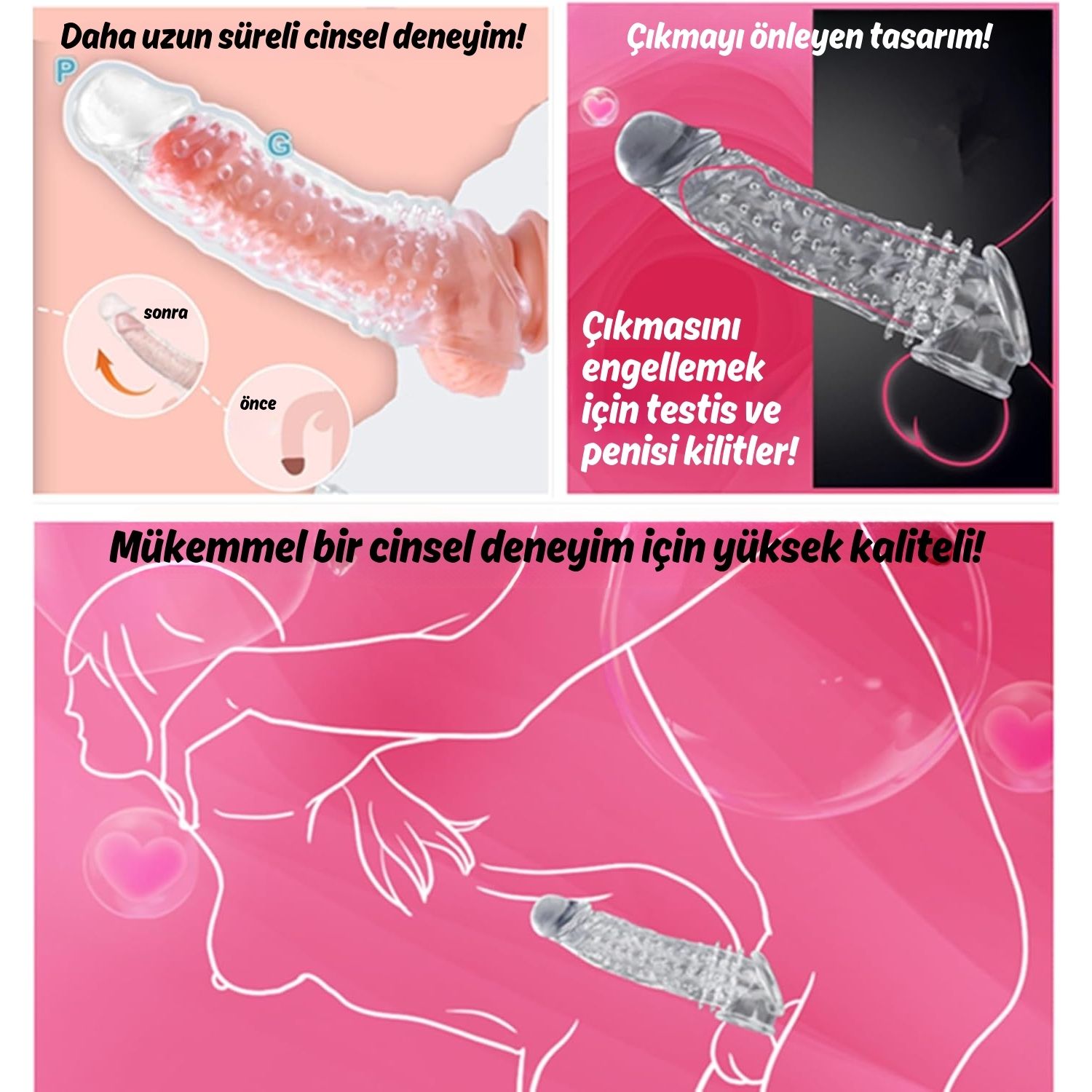 Gerçekçi Doku Penis Büyütücü ve Kalınlaştırıcı 5 CM Uzatmalı Şeffaf Realistik Penis Kılıfı 21 CM