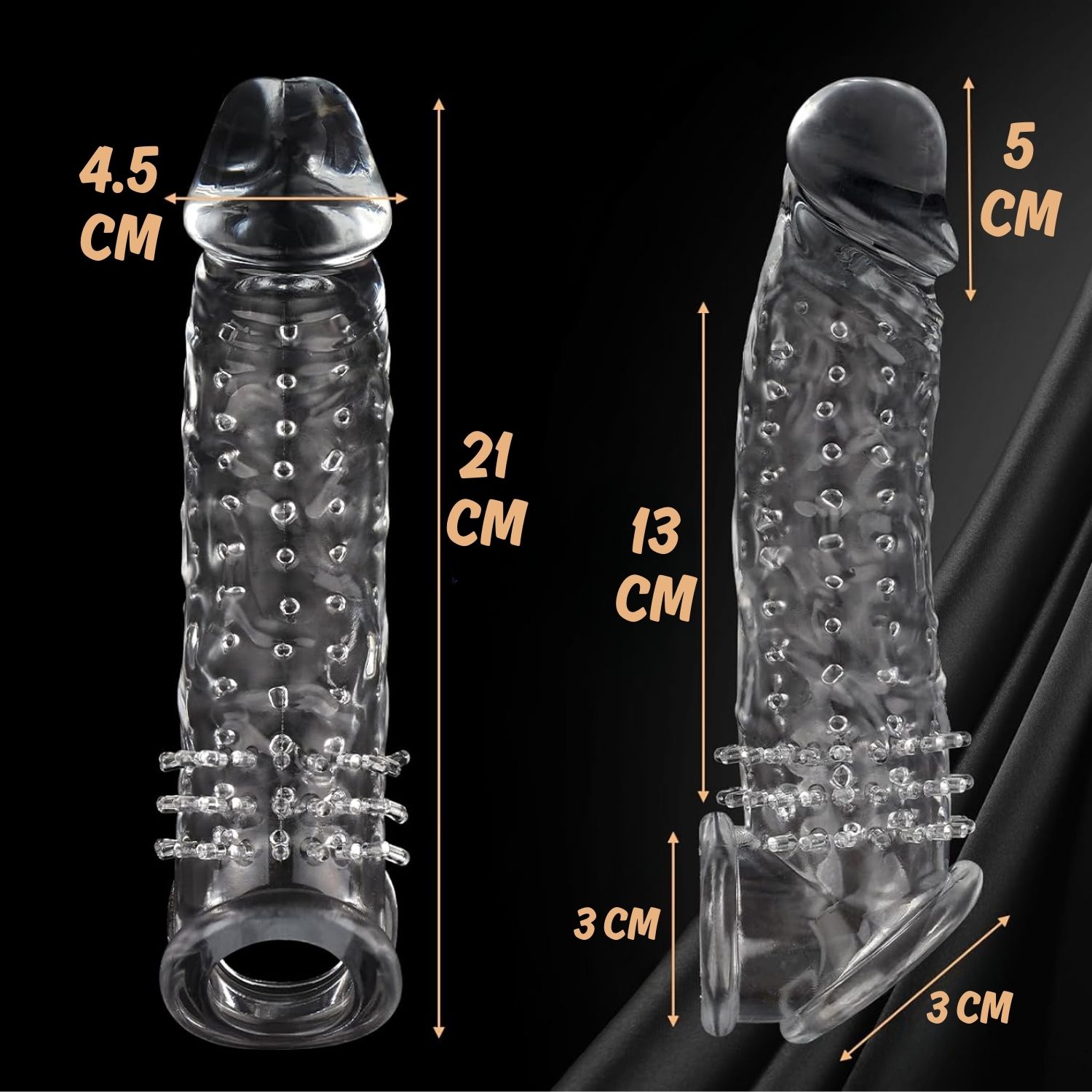 Gerçekçi Doku Penis Büyütücü ve Kalınlaştırıcı 5 CM Uzatmalı Şeffaf Realistik Penis Kılıfı 21 CM