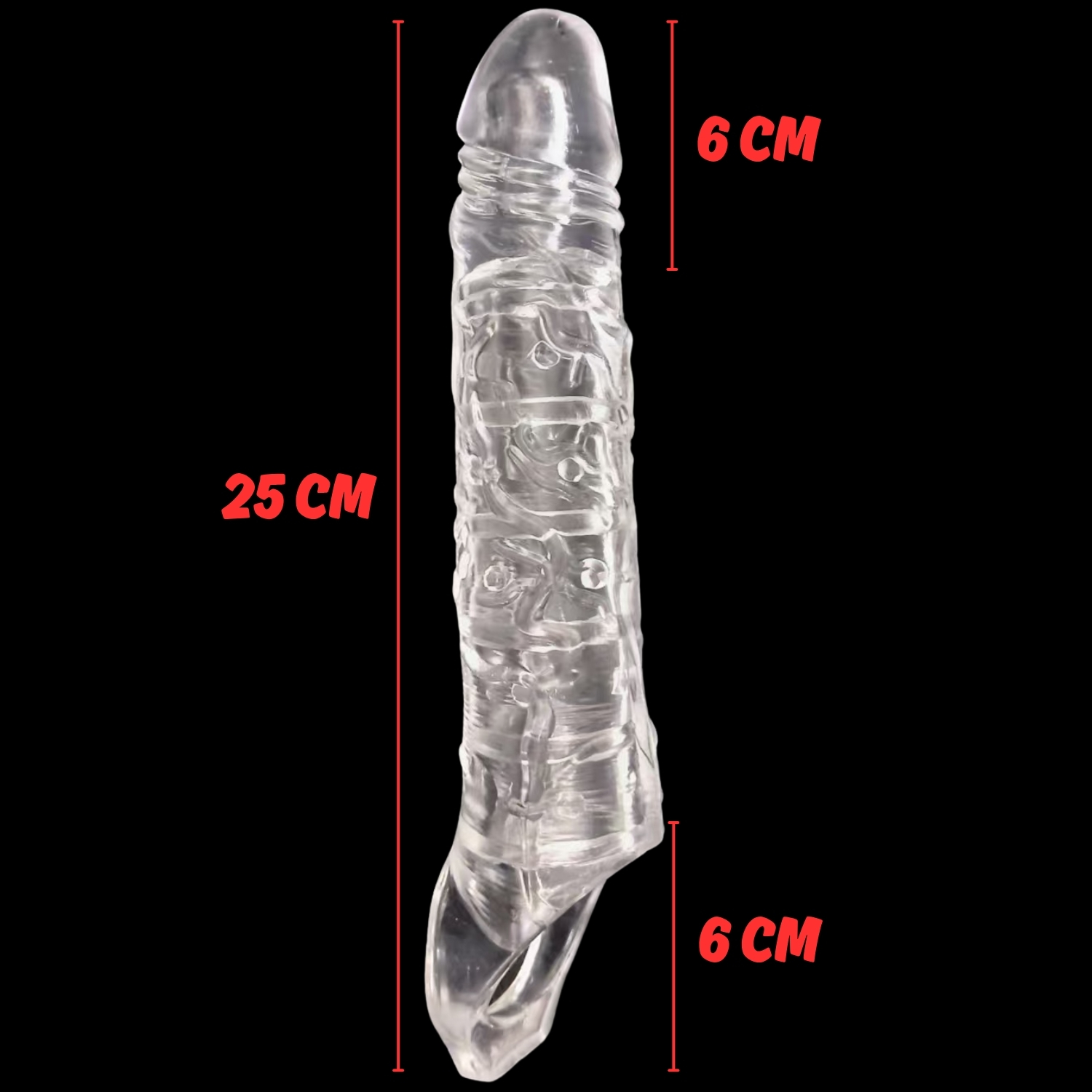 Gerçekçi Doku Penis Büyütücü ve Kalınlaştırıcı 6 CM Uzatmalı Şeffaf Realistik Penis Kılıfı 25 CM