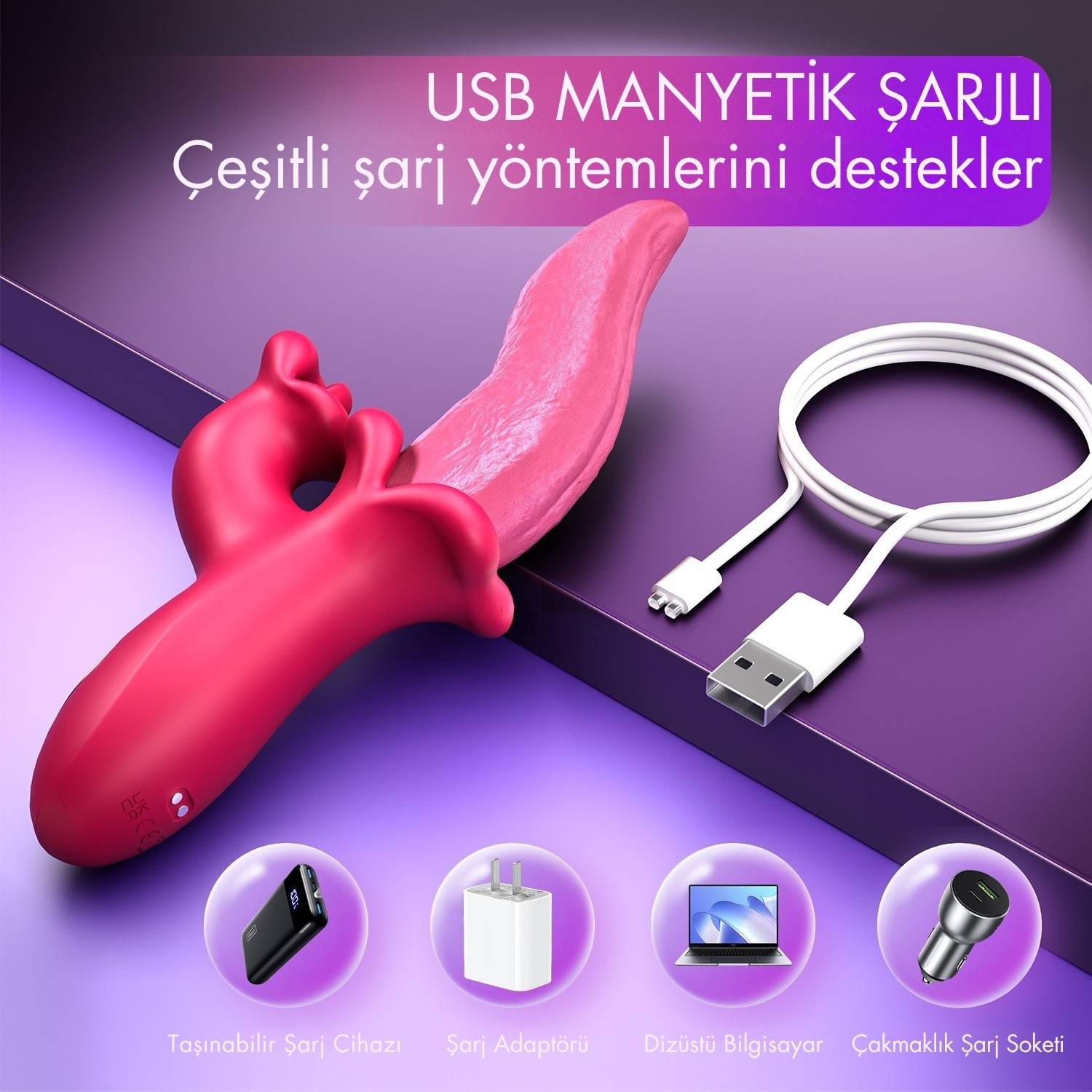 Lori - Şarjlı 360° Rotasyon Hareketli ve Güçlü Titreşimli Aynı Anda G Spot ve Klitoris Uyarıcı Dil Vibratör