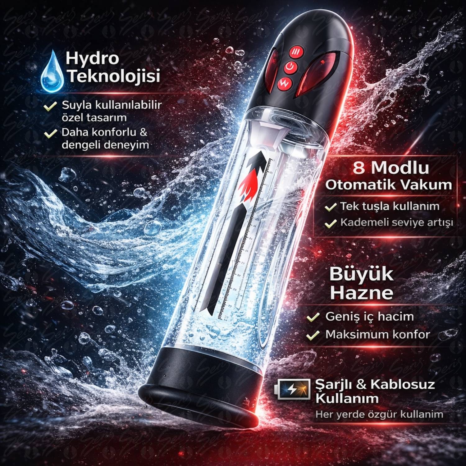 AutoWatic - Büyük Hazneli Suyla Kullanılabilir 8 Modlu Yüksek Performans Şarjlı Otomatik Hydro Penis Pompası