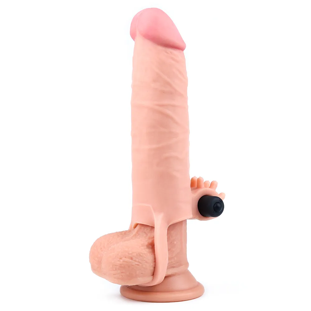 Gerçekçi Doku Penis Büyütücü Kalınlaştırıcı 3 CM Uzatmalı Klitoris Uyarıcı Titreşimli Realistik Penis Kılıfı 16 CM