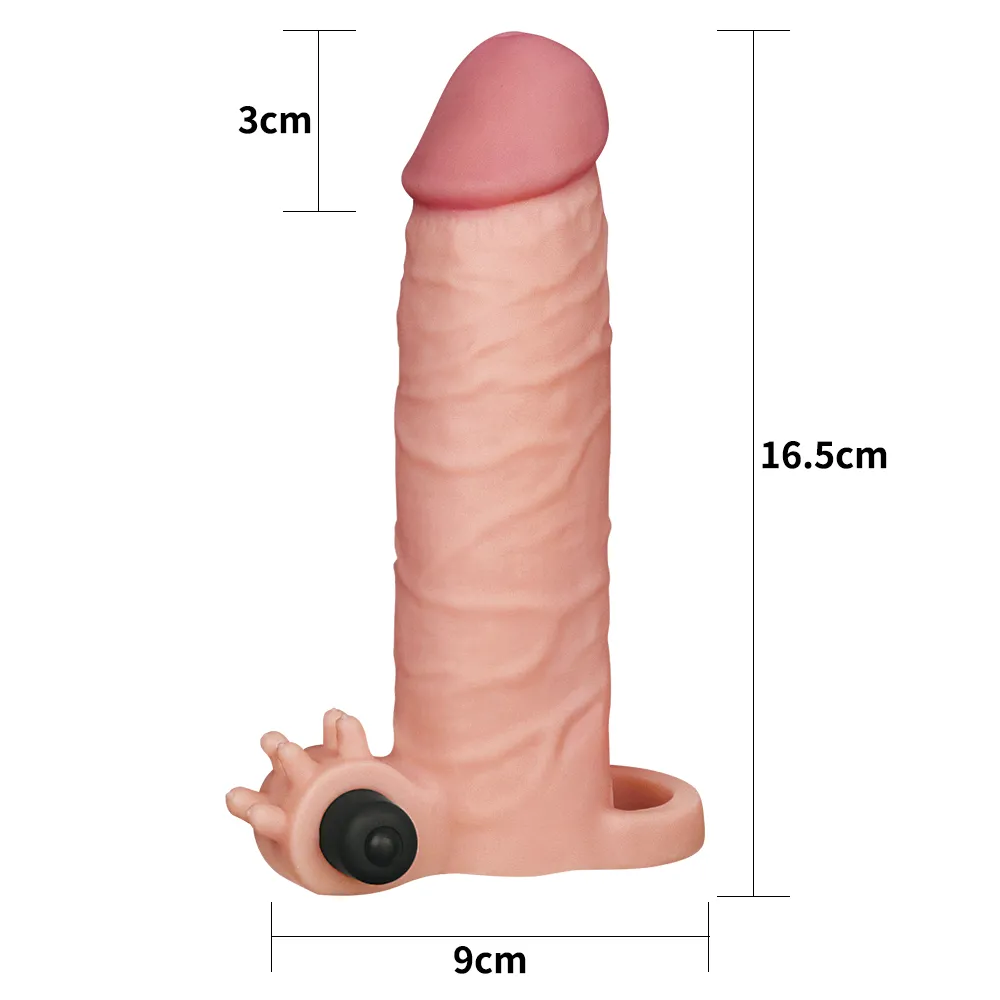 Gerçekçi Doku Penis Büyütücü Kalınlaştırıcı 3 CM Uzatmalı Klitoris Uyarıcı Titreşimli Realistik Penis Kılıfı 16 CM