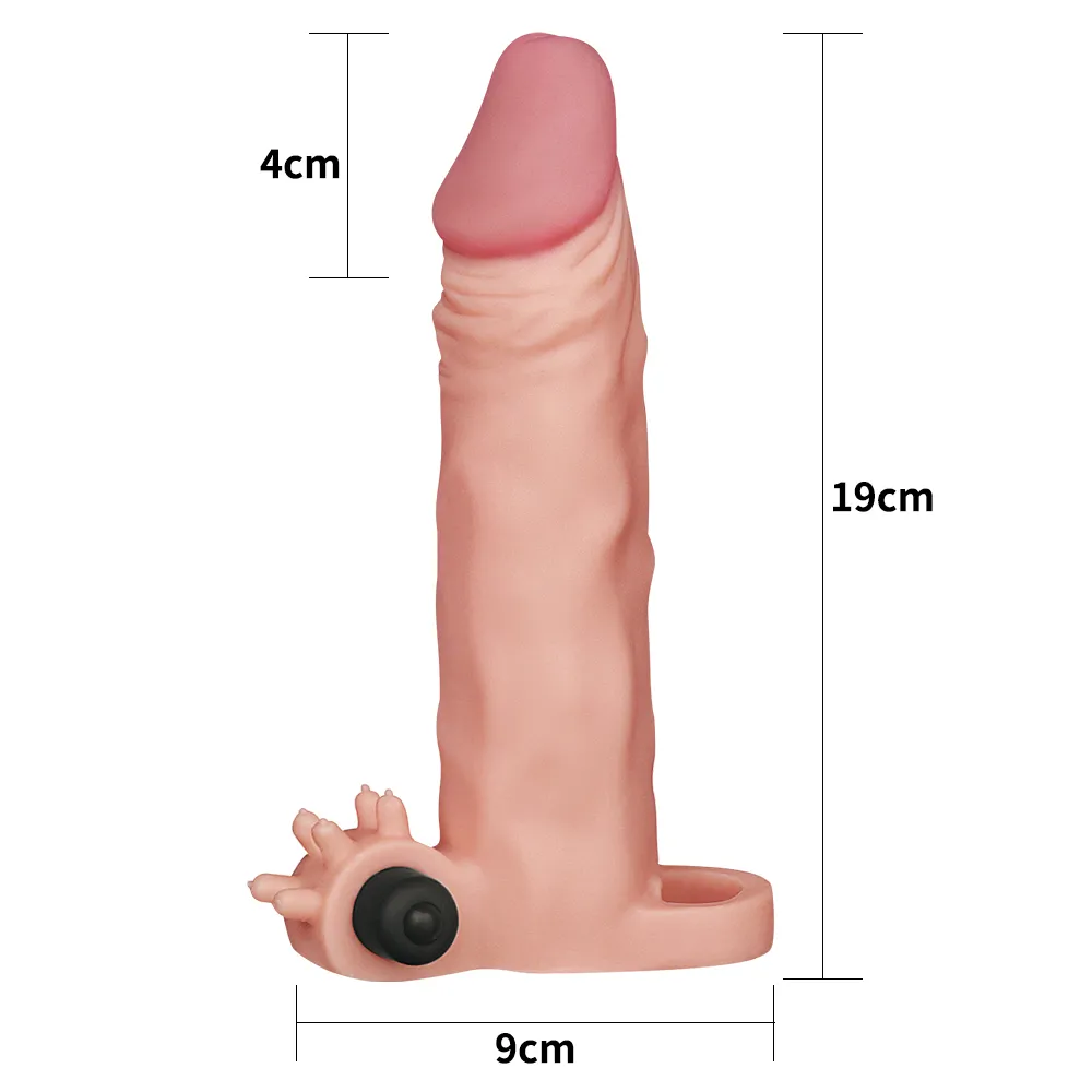 Gerçekçi Doku Penis Büyütücü Kalınlaştırıcı 5 CM Uzatmalı Klitoris Uyarıcı Titreşimli Realistik Penis Kılıfı 19 CM