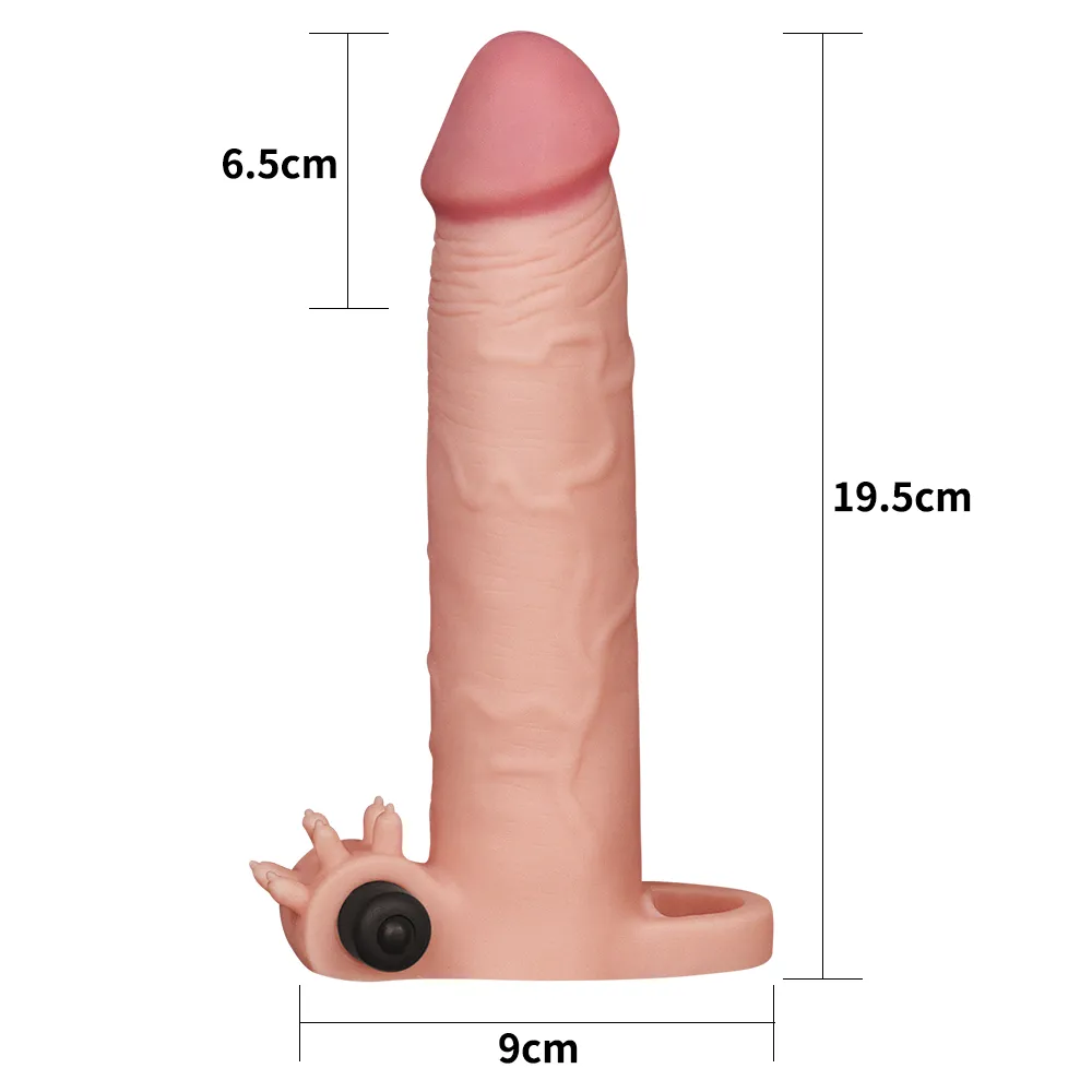 Gerçekçi Doku Penis Büyütücü Kalınlaştırıcı 7.5 CM Uzatmalı Klitoris Uyarıcı Titreşimli Realistik Penis Kılıfı 20 CM