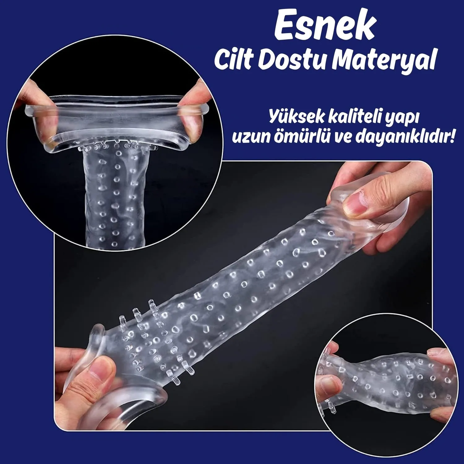 Gerçekçi Doku Penis Büyütücü ve Kalınlaştırıcı 5 CM Uzatmalı Şeffaf Realistik Penis Kılıfı 21 CM