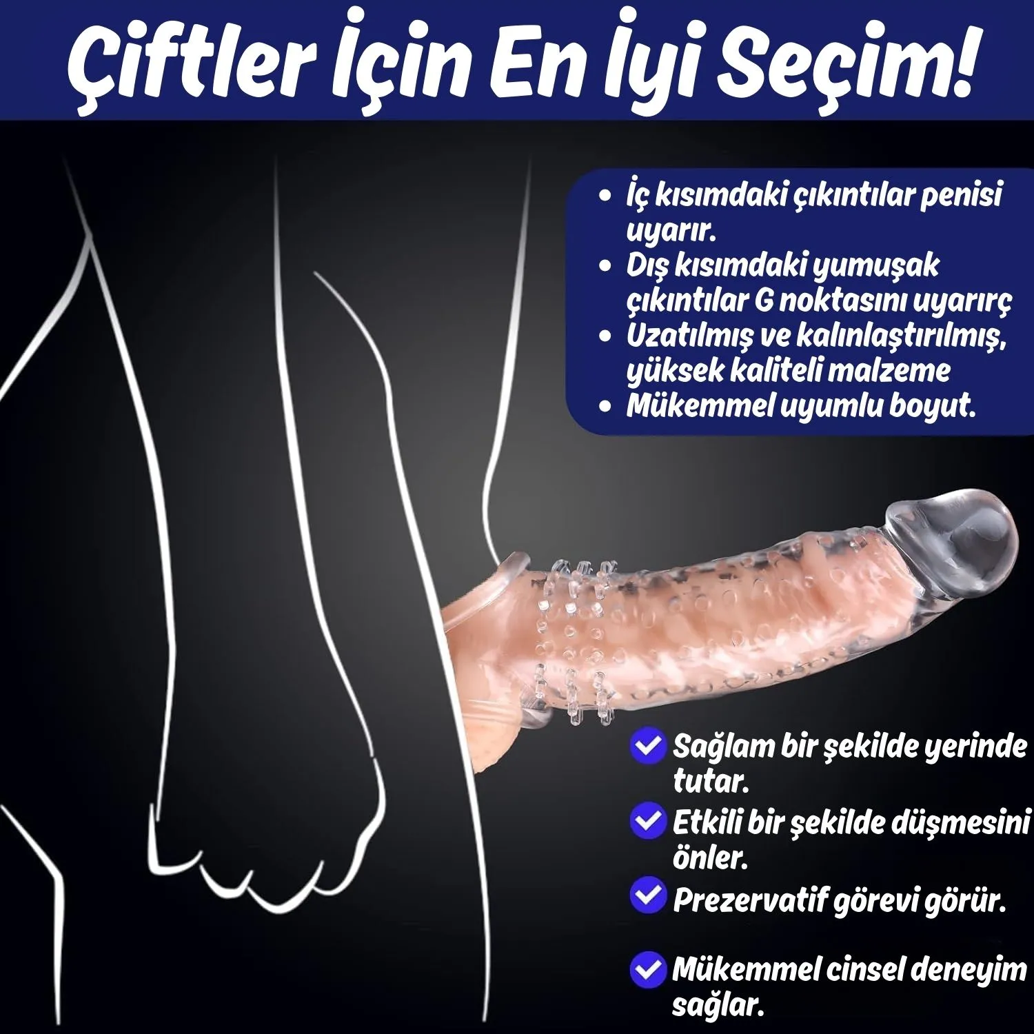 Gerçekçi Doku Penis Büyütücü ve Kalınlaştırıcı 5 CM Uzatmalı Şeffaf Realistik Penis Kılıfı 21 CM